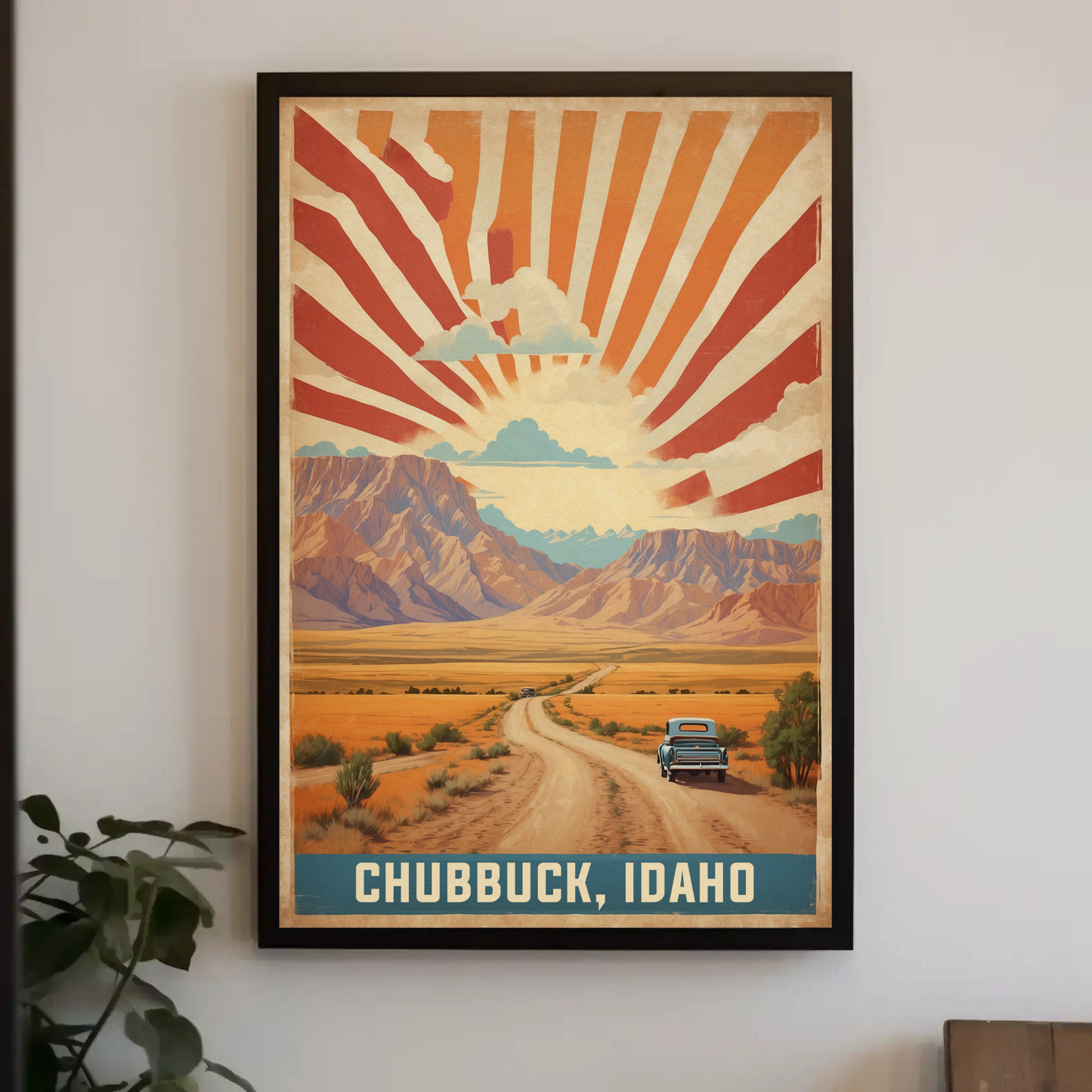 Chubbuck Idaho Sunset Road Desert Mountains Vintage Travel Poster