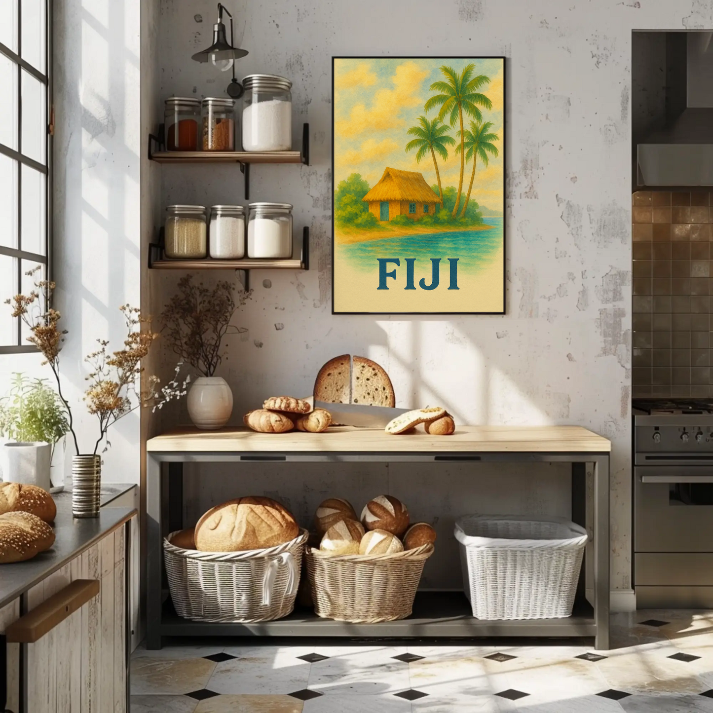 Fiji Tropical Hut Coastline Travel Poster