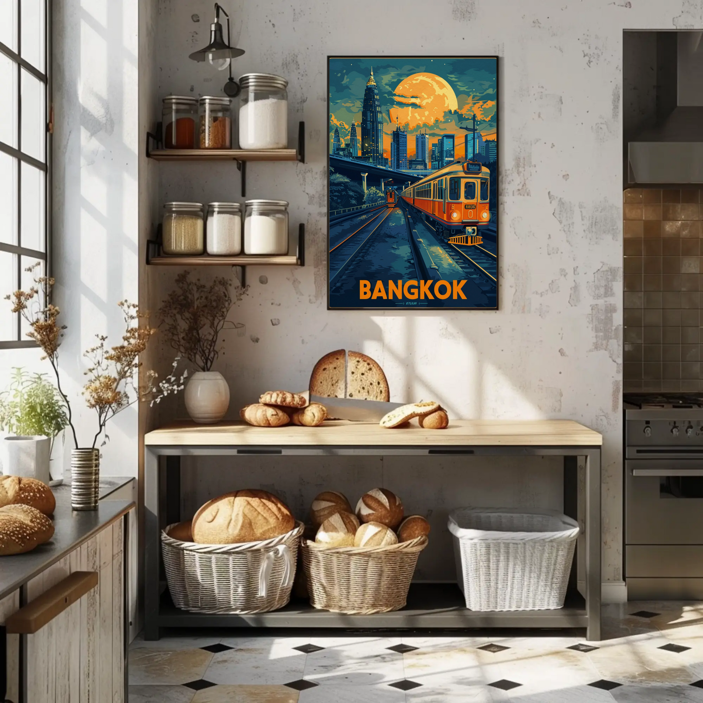 Bangkok Skyline Train Moonlight Glow Travel Poster