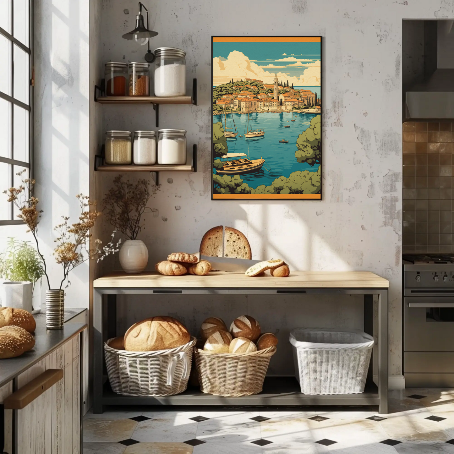 Coastal Mediterranean Village Boats Scenic Bay Travel Poster