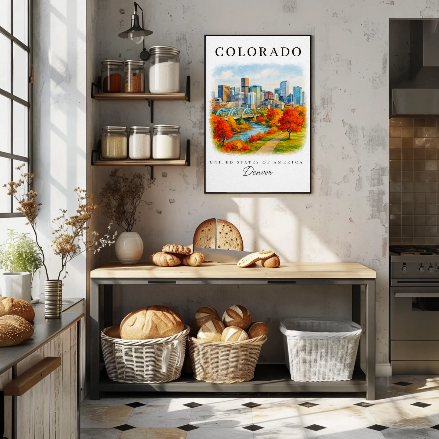 Denver Skyline Autumn Path River Travel Poster