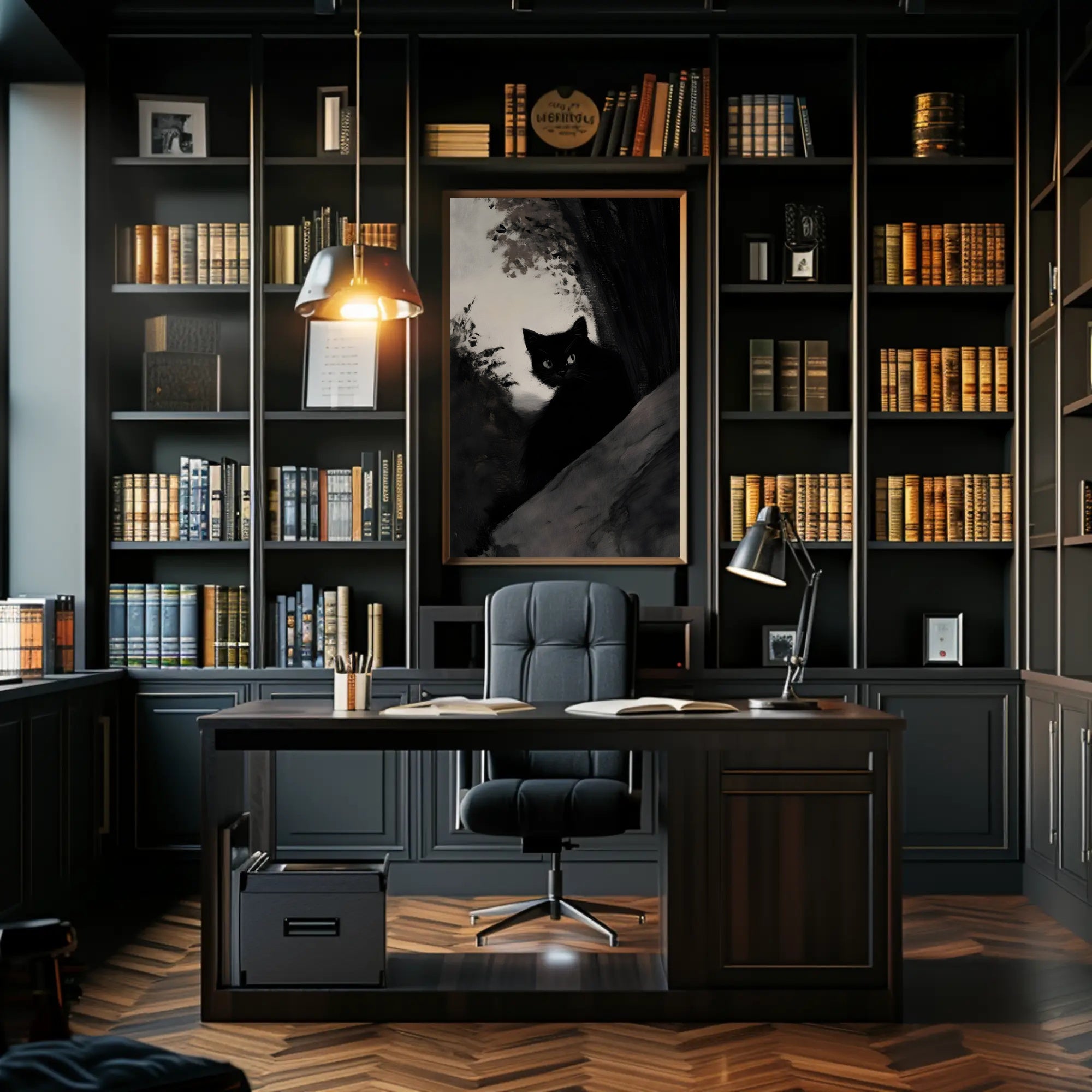 Black Cat in Shadowy Forest Animal Poster PosterGoat