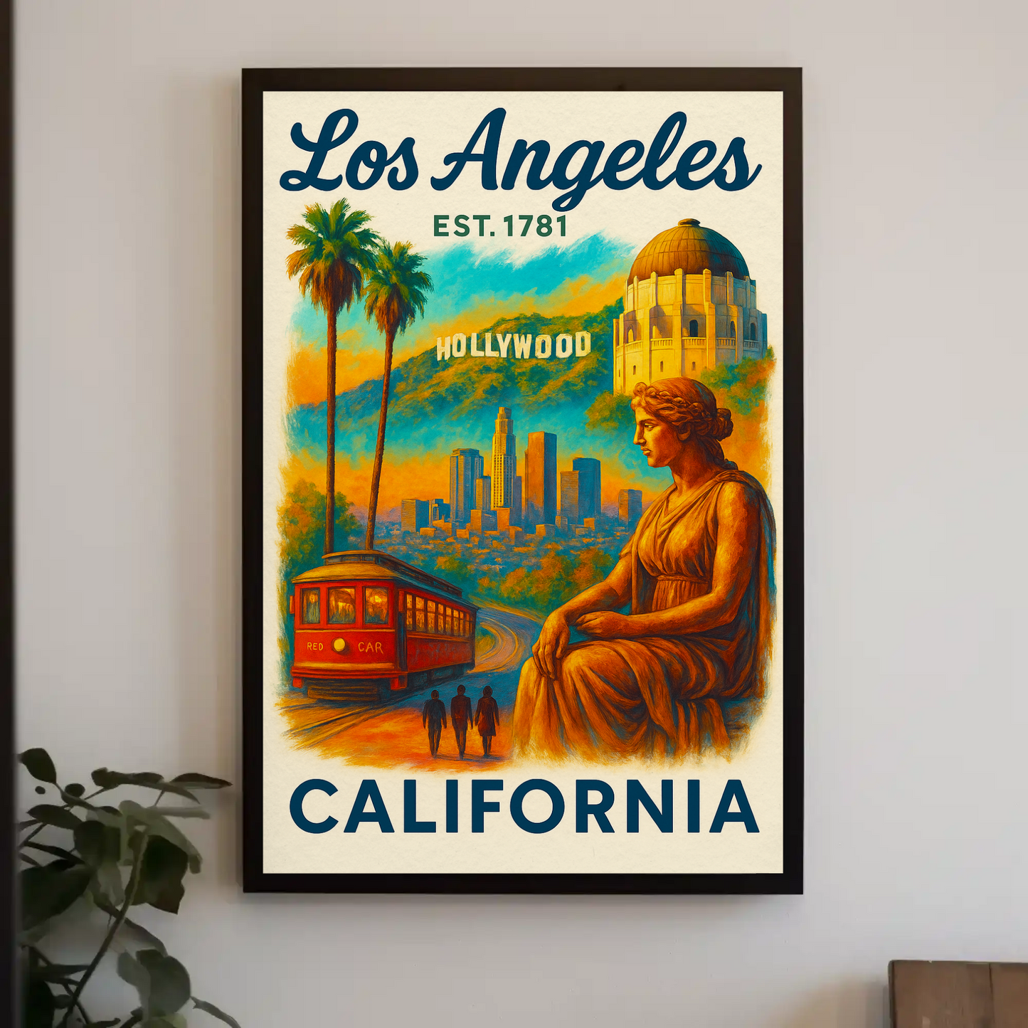 Los Angeles Hollywood Griffith Trolley Sunset Vintage Travel Poster
