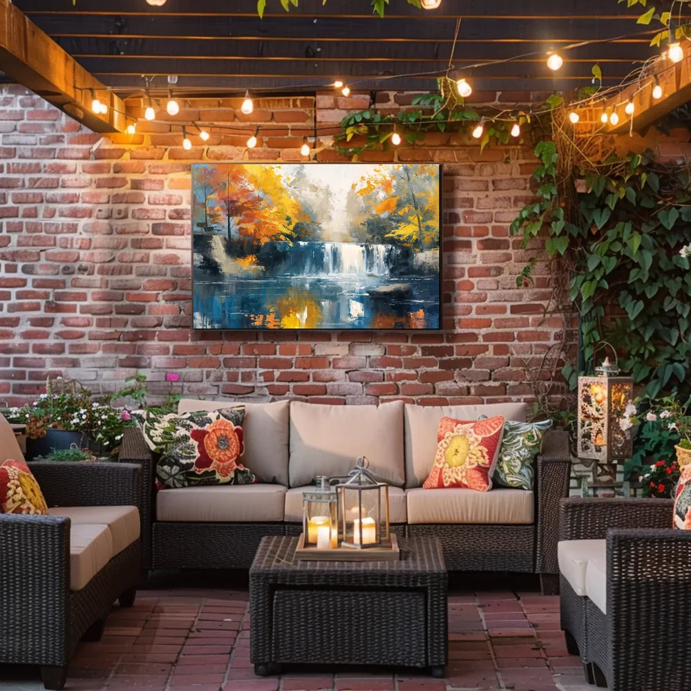 Serene Autumn Waterfall Impressionist Landscape Art Poster