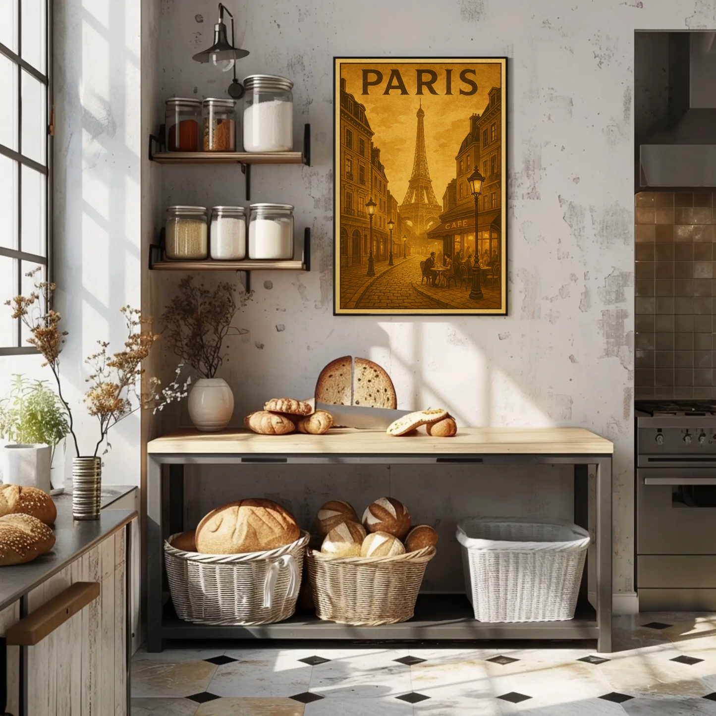 Paris Café Eiffel Sepia Travel Poster
