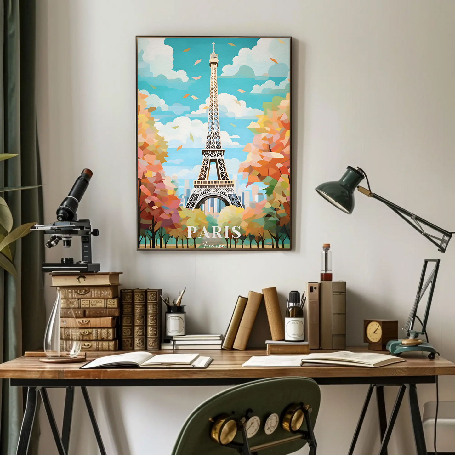 Paris France Eiffel Tower Autumn Leaves Vintage Travel Poster