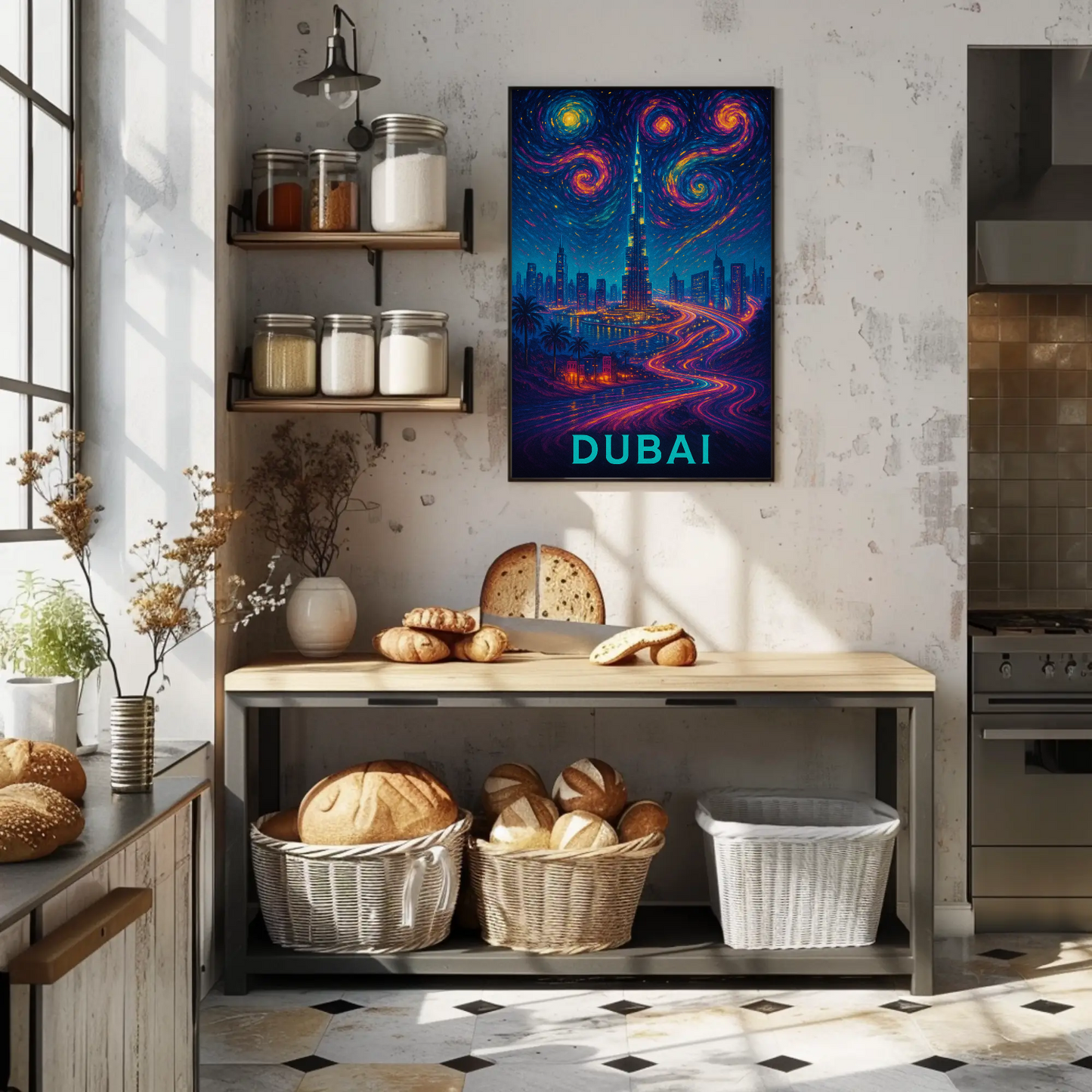 Dubai Burj Khalifa Starry Neon Skyline Night Travel Poster
