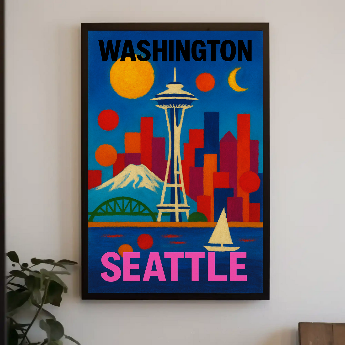 Washington Seattle Space Needle Mountains Sunset Vintage Travel Poster