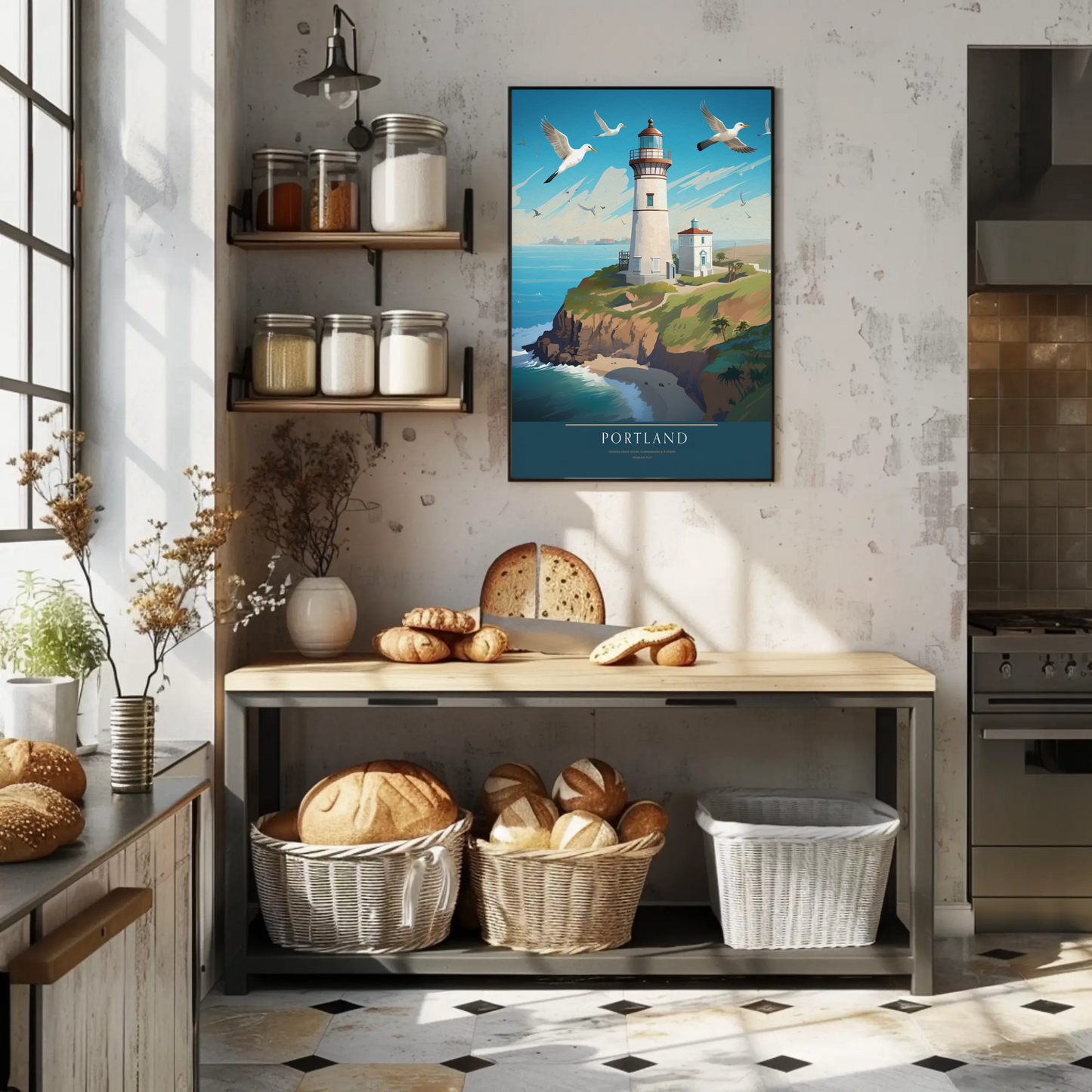 Portland Coastal Lighthouse and Seagulls Travel Poster