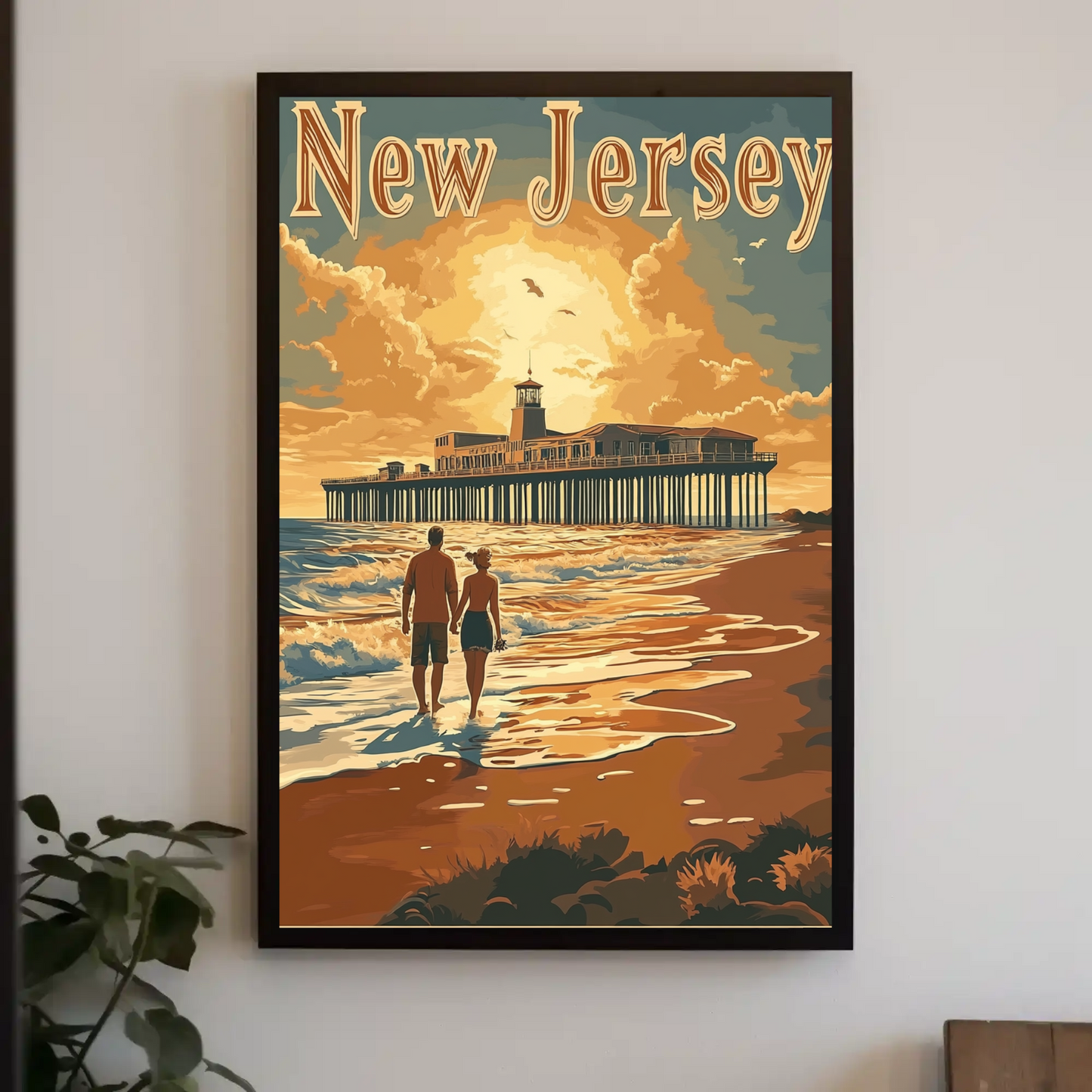 New Jersey Vintage Poster - Sunset at the Pier