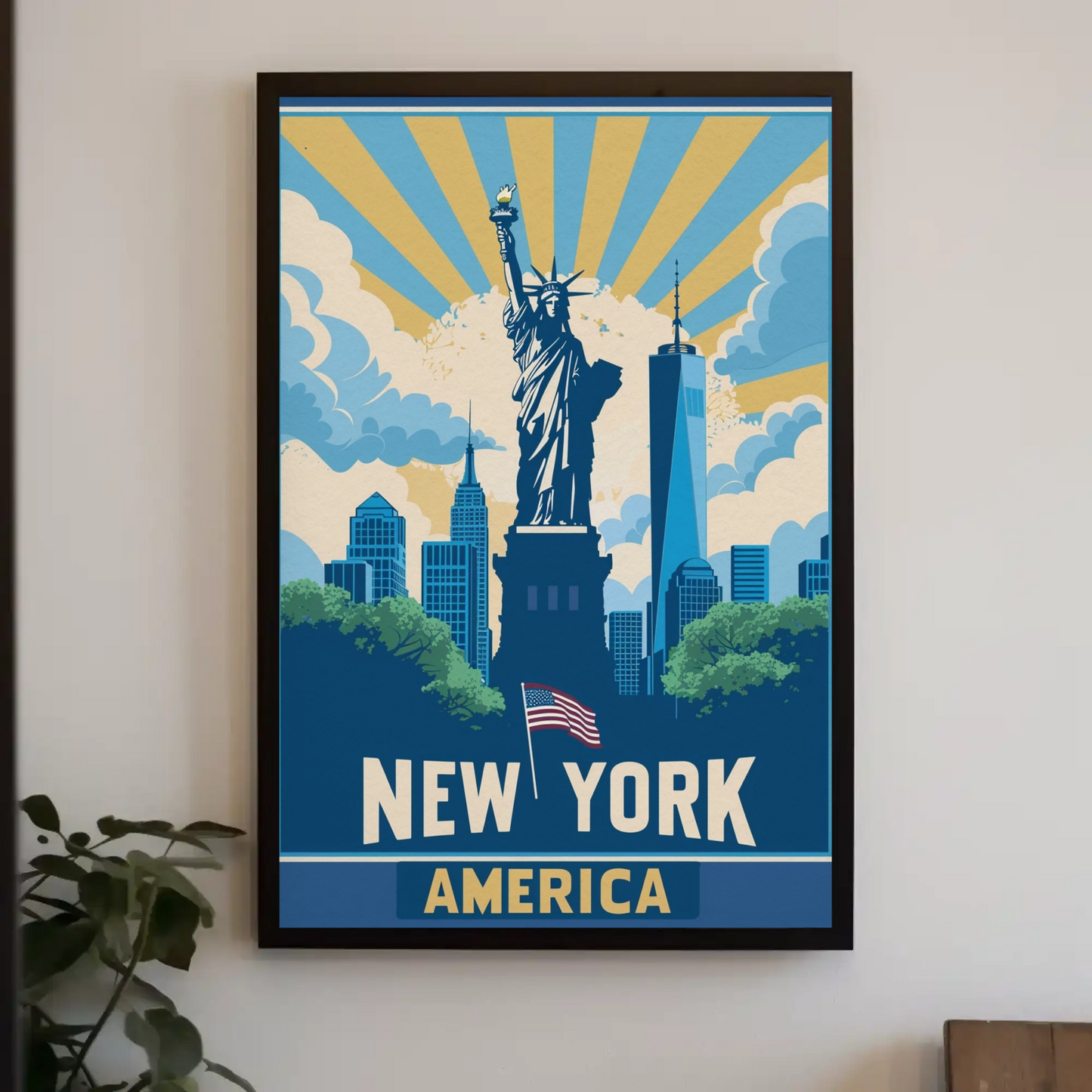 New York America Skyline Liberty Sunrise Vintage Travel Poster