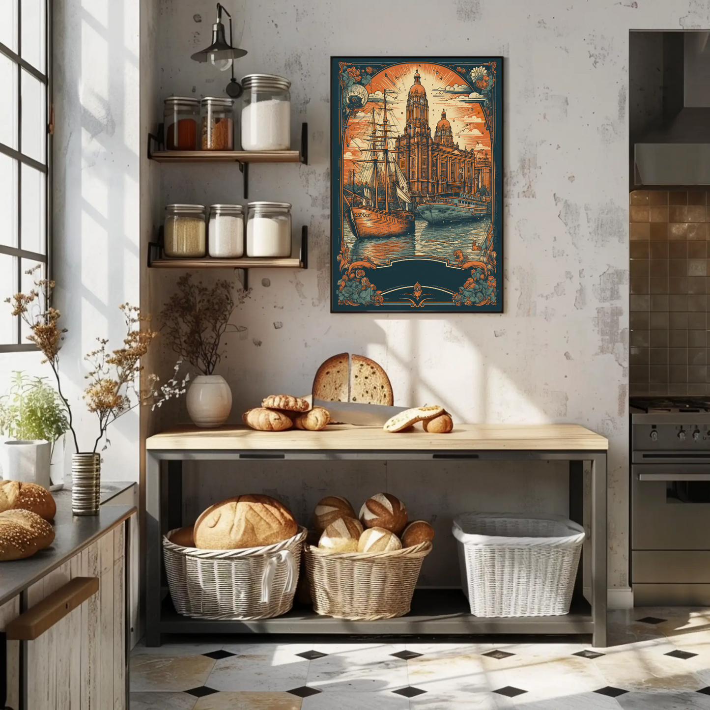 Historic Harbor Ship Architecture Floral Sunset Travel Poster