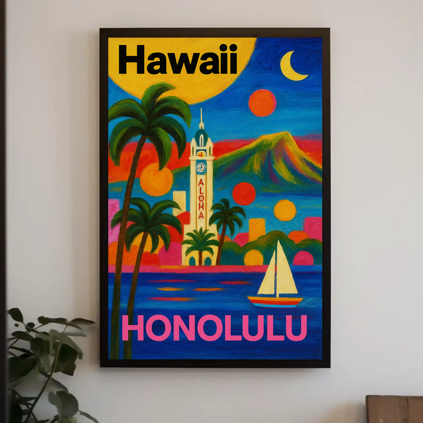 Honolulu Hawaii Skyline Retro Vintage Travel Poster