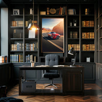 Sleek Red Sports Car on Desert Highway Poster PosterGoat