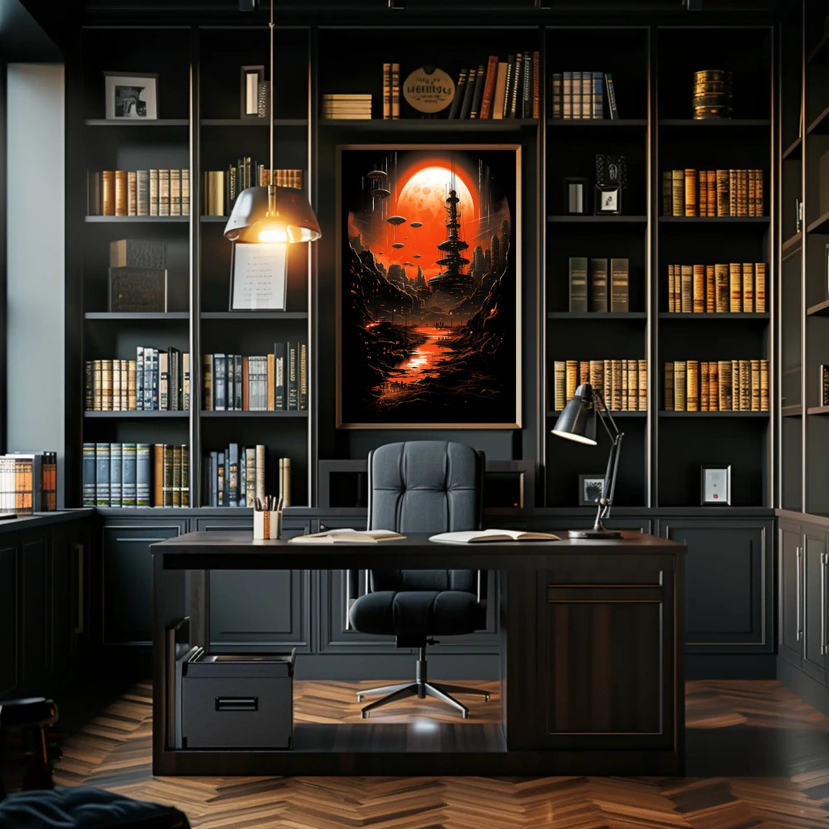 Futuristic Cityscape Under a Red Moon Poster