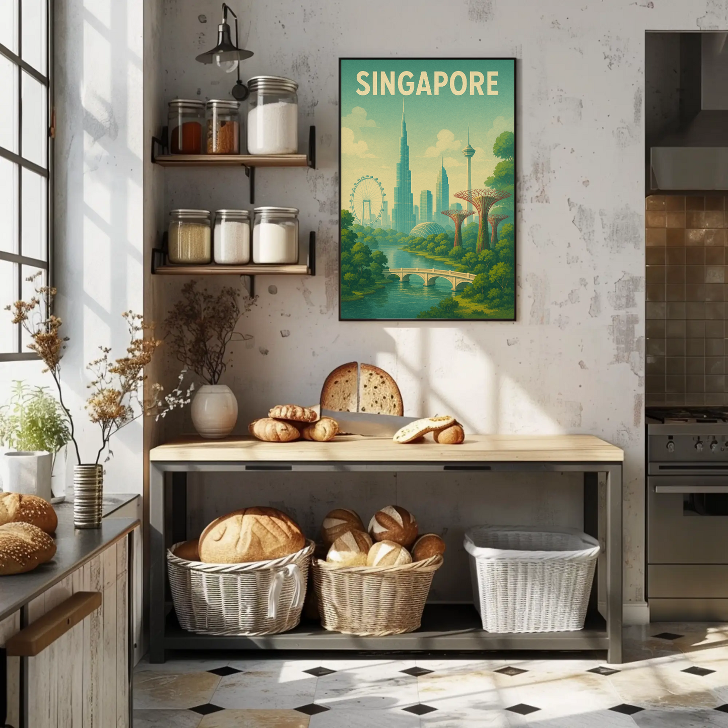 Singapore Skyline Botanical Travel Poster