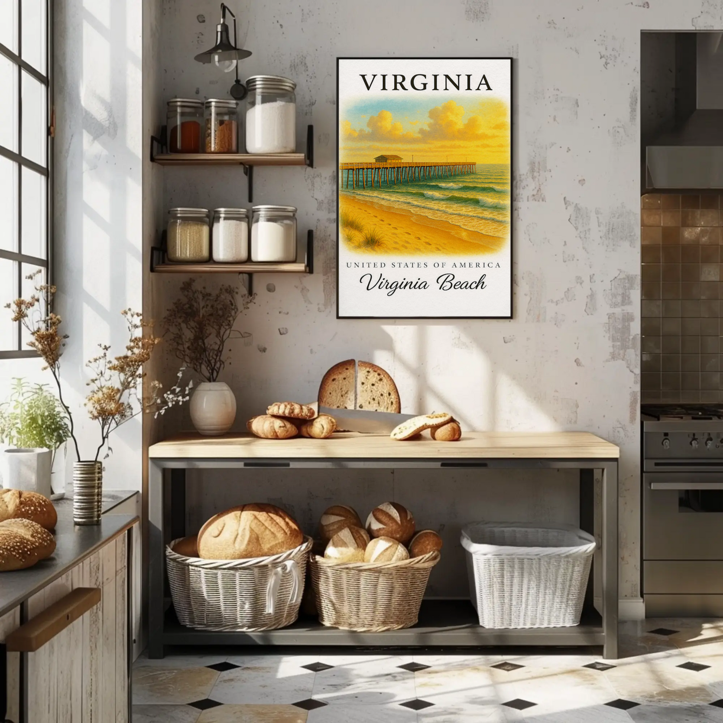 Virginia Beach Pier Ocean Sunset Classic Seaside Travel Poster