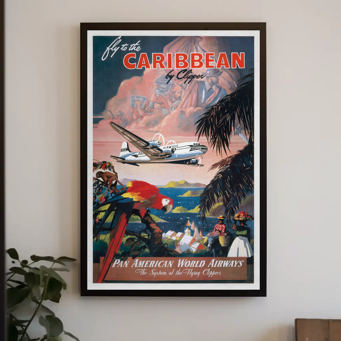 1940s Fly to the Caribbean Vintage Style Tropical Travel Poster