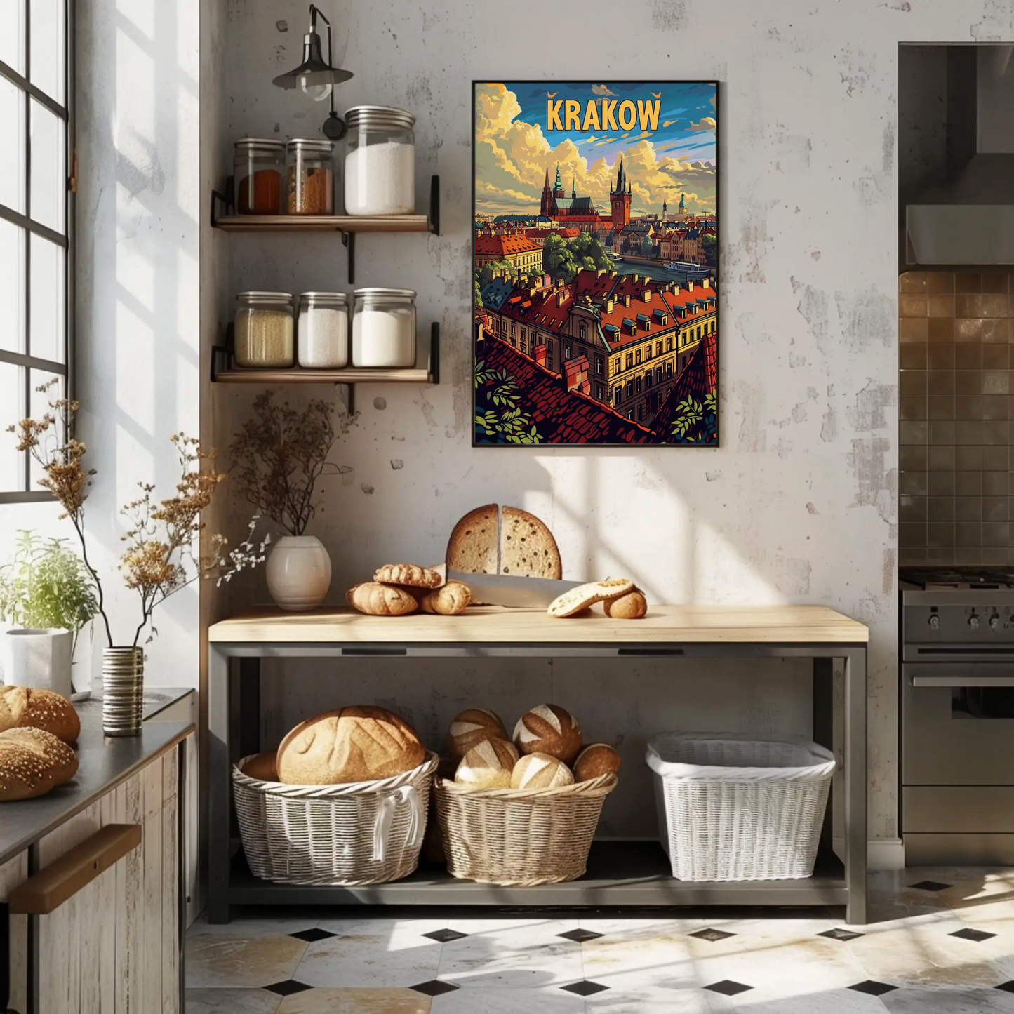 Evening Skyline Krakow Poland Travel Poster