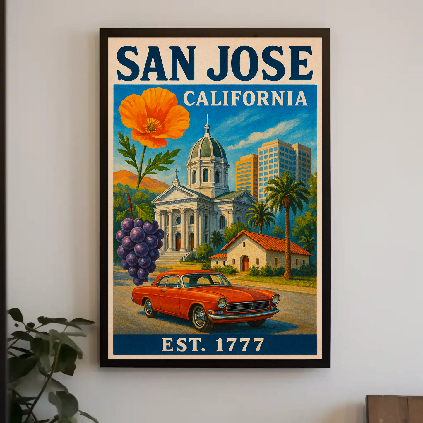 San Jose California Church Grapes Car Vintage Travel Poster