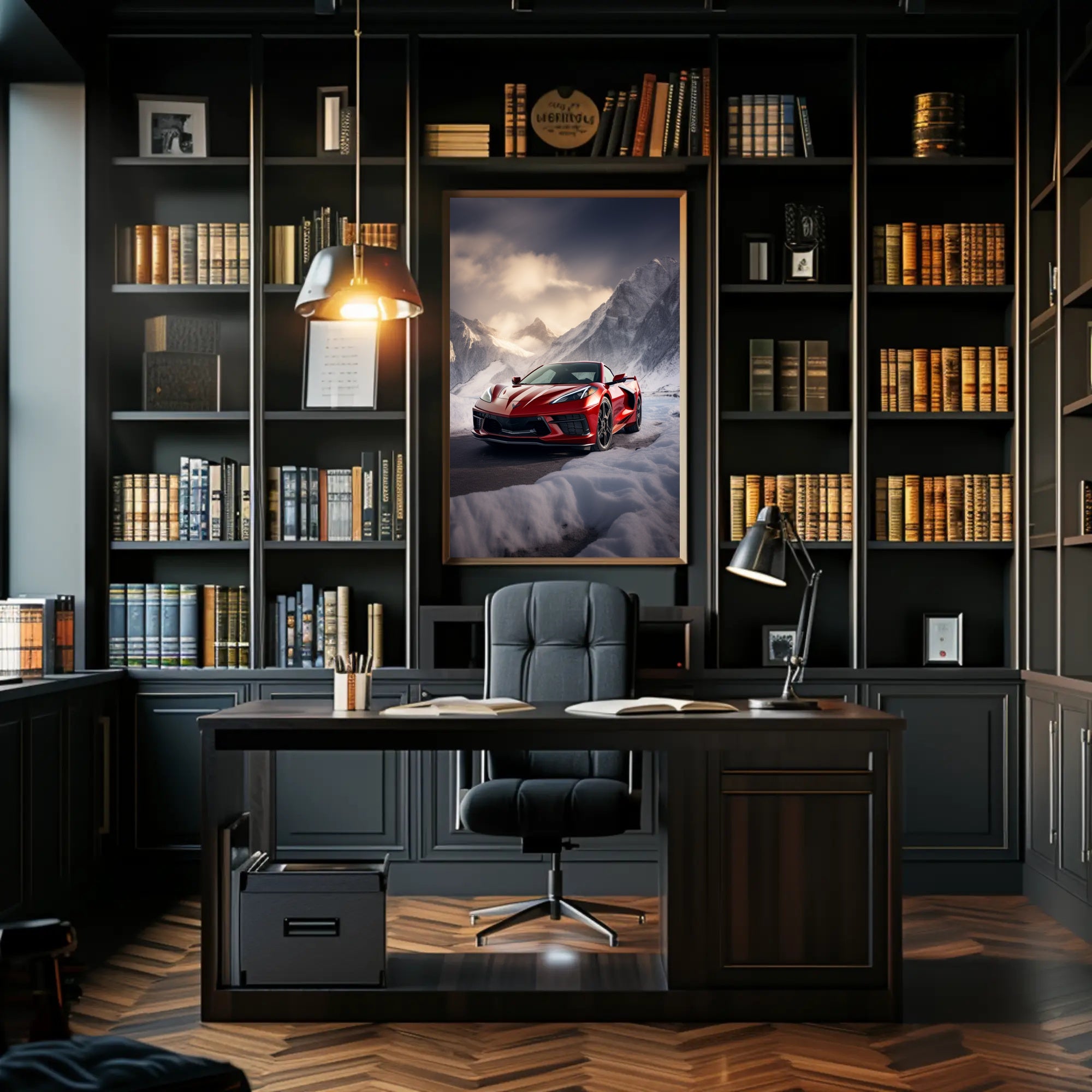 Red Sports Car in Snowy Mountains Poster PosterGoat