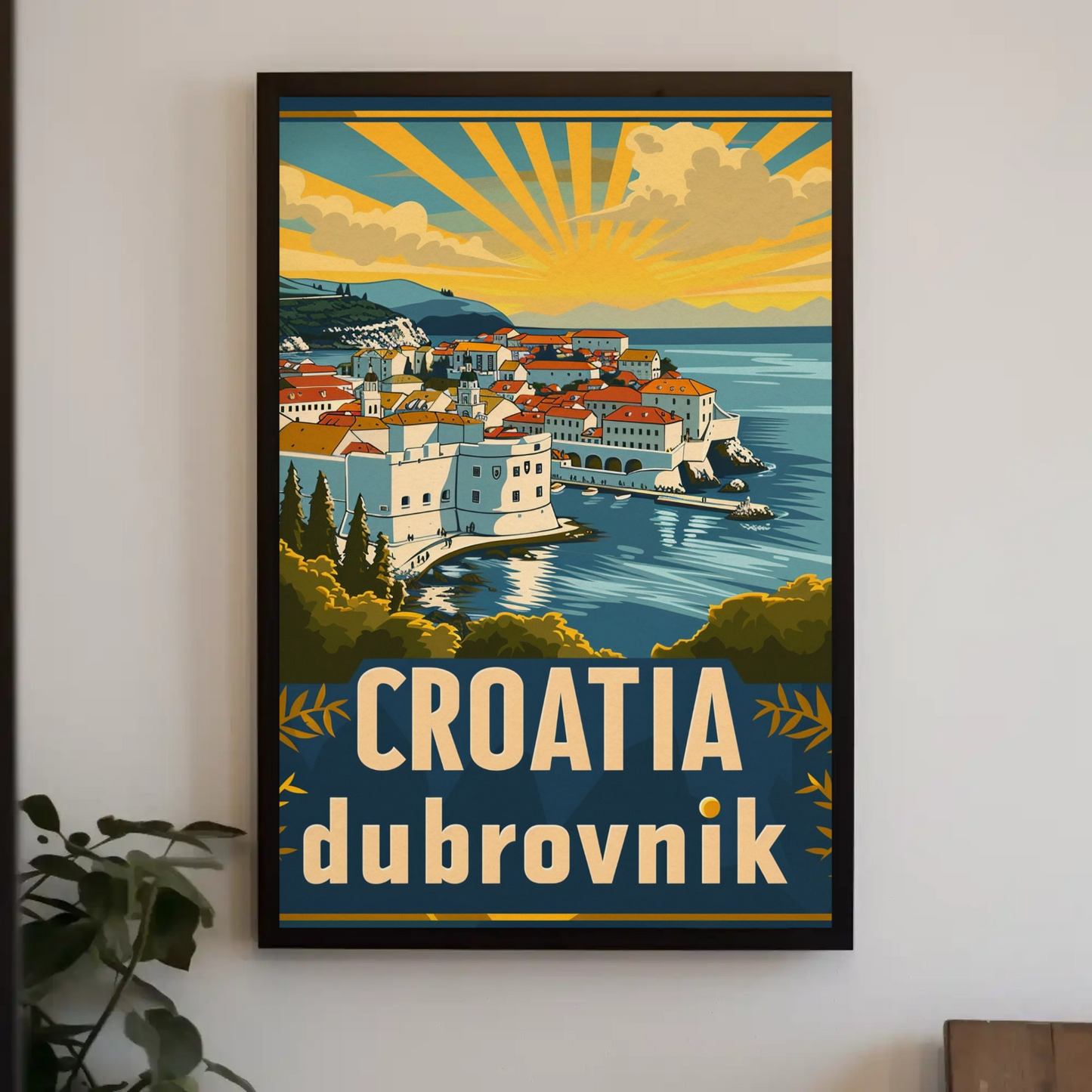 Croatia Dubrovnik Sunset Coastline Vintage Travel Poster
