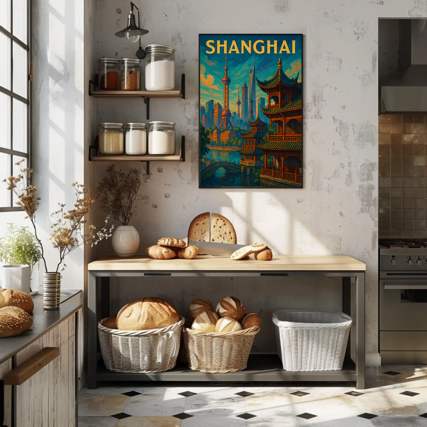 Shanghai Skyline River Pagoda Travel Poster
