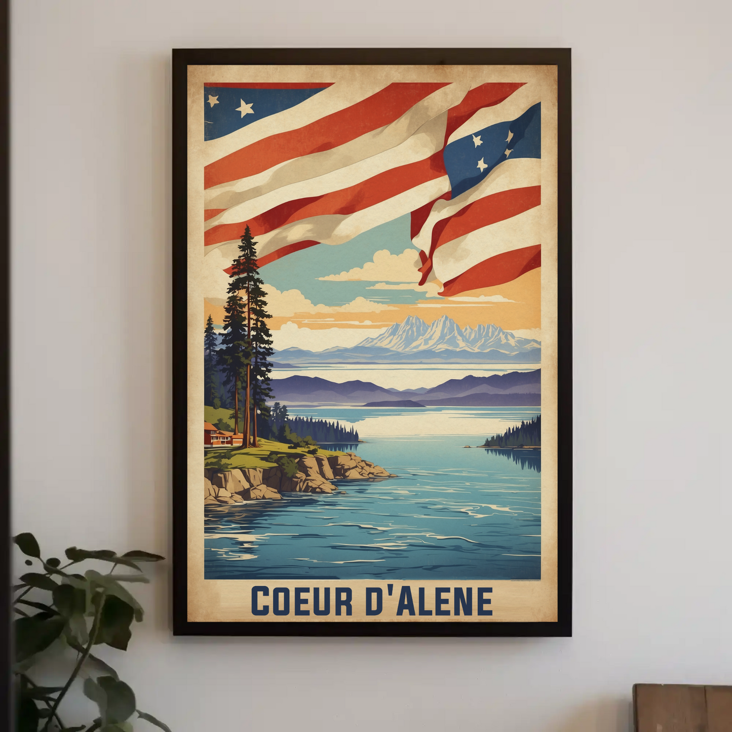 Coeur d'Alene Idaho Lake Mountains Flag Vintage Travel Poster