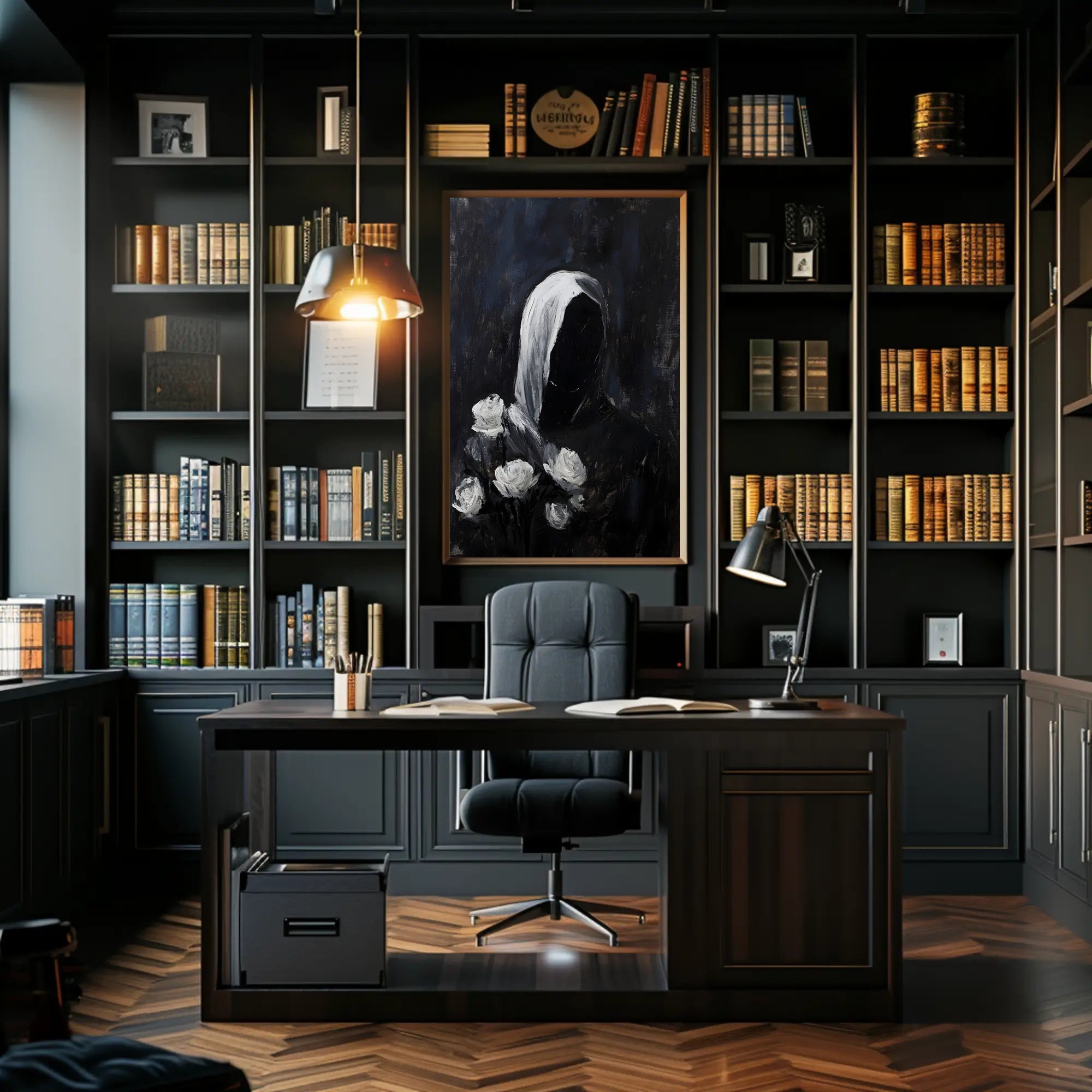 Cloaked Figure with Roses Abstract Artistic Poster PosterGoat