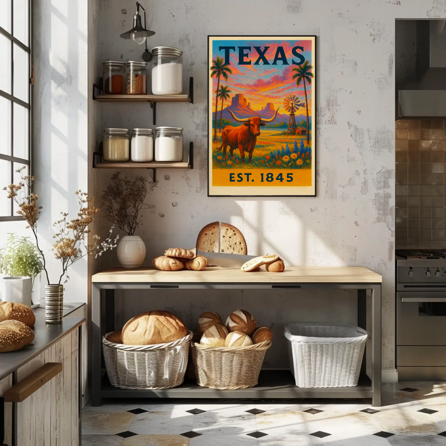 Texas Sunset Longhorn Windmill Landscape Travel Poster