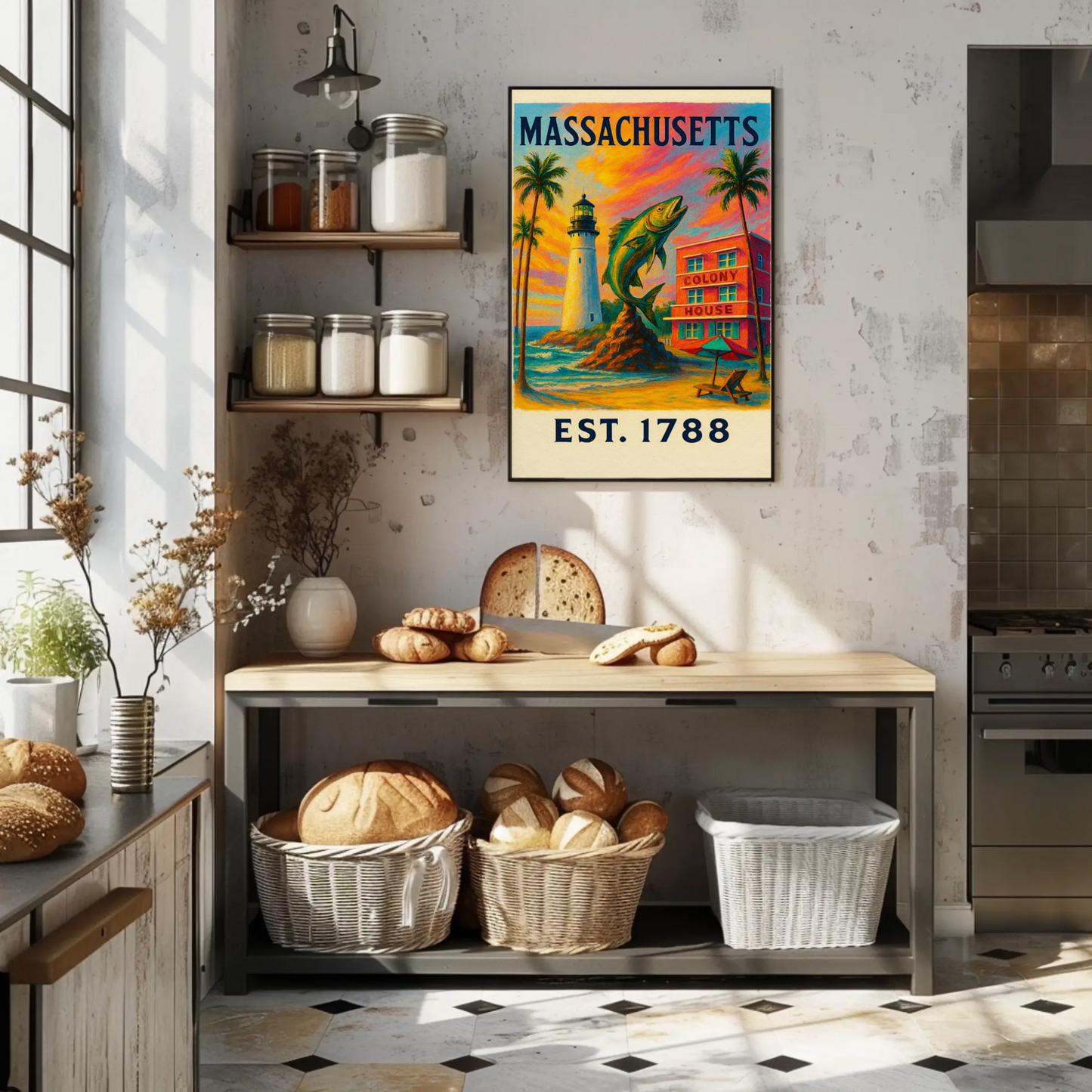 Massachusetts Lighthouse Fish Colony House Sunset Poster