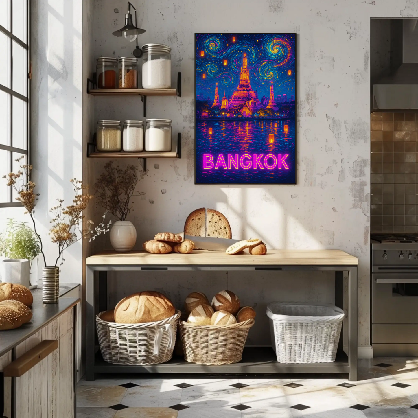 Bangkok Neon Temple Night Travel Poster