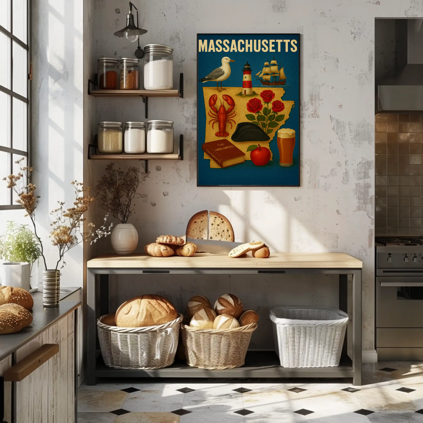 Massachusetts Symbols Map Lobster Ship Hat Poster