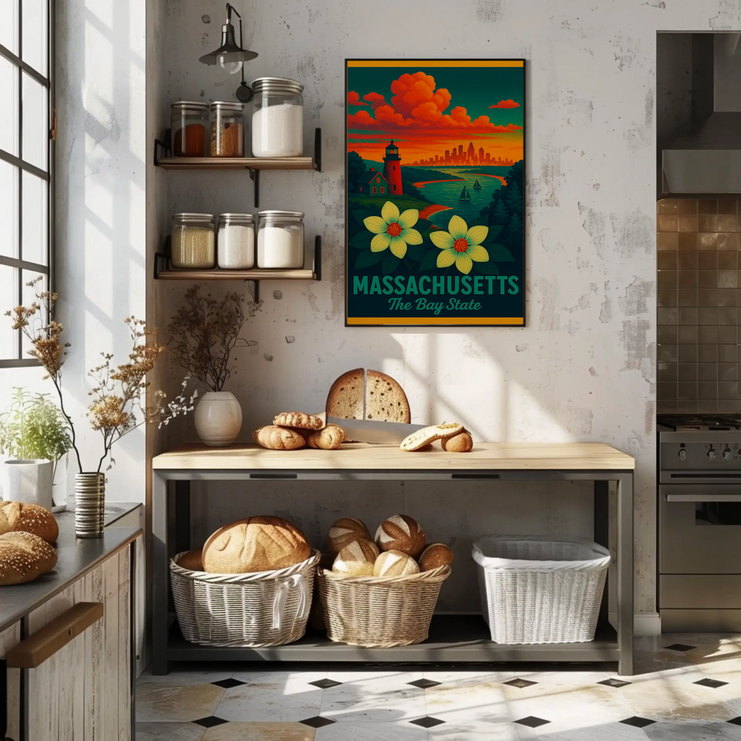 Massachusetts Bay State Sunset Lighthouse Flowers Poster