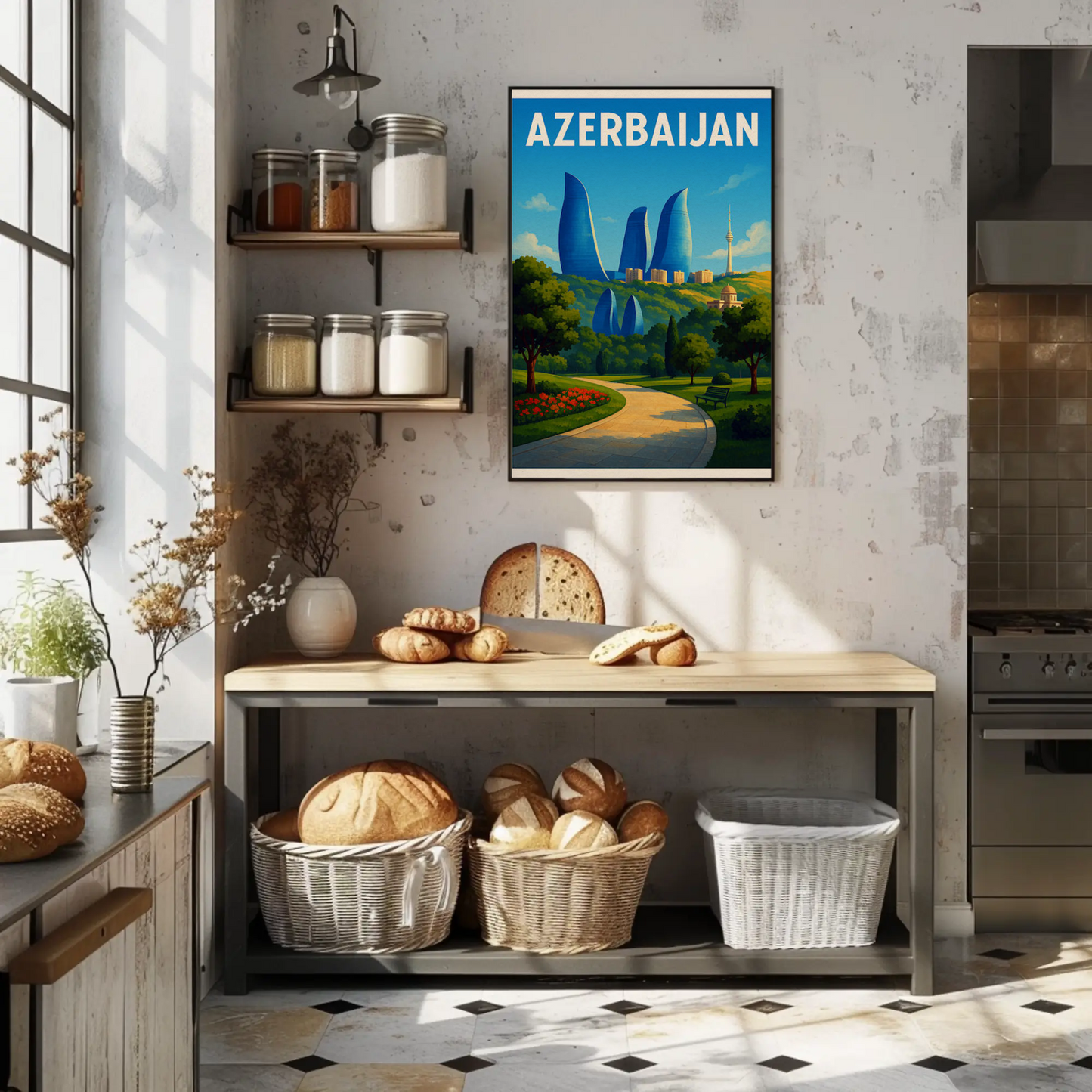 Azerbaijan Baku Flame Towers Park Path Travel Poster
