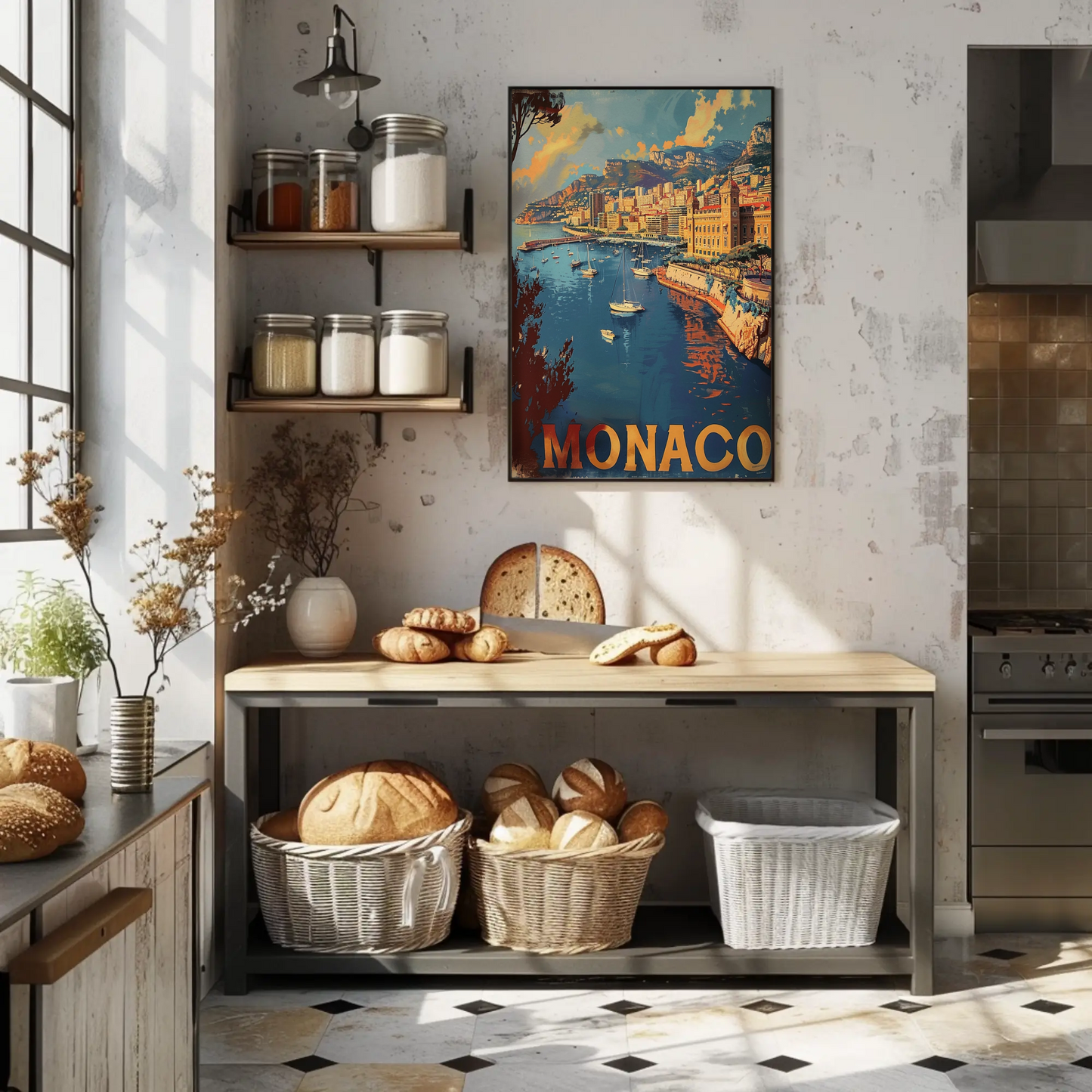 Monaco Mediterranean Coast Harbor Scene Retro Travel Poster