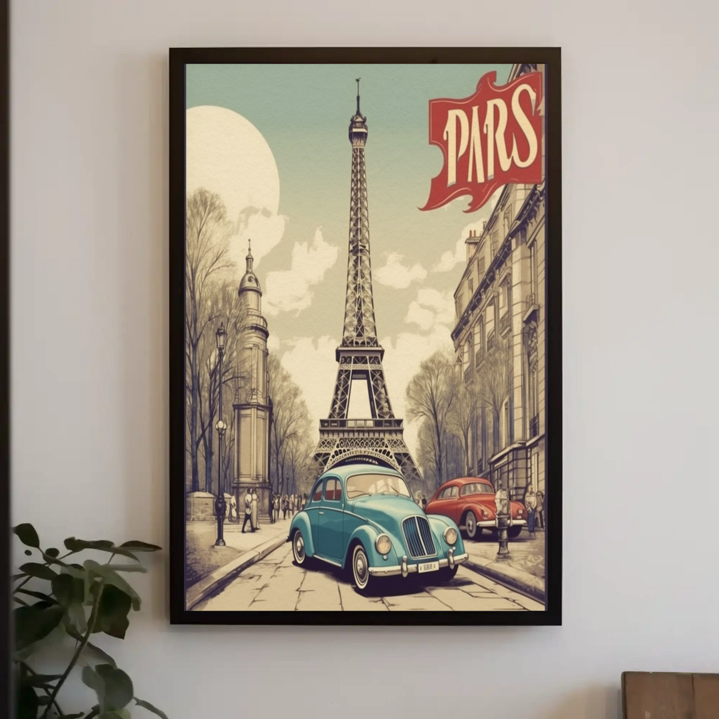 Paris Vintage Poster - Eiffel Tower & Classic Car