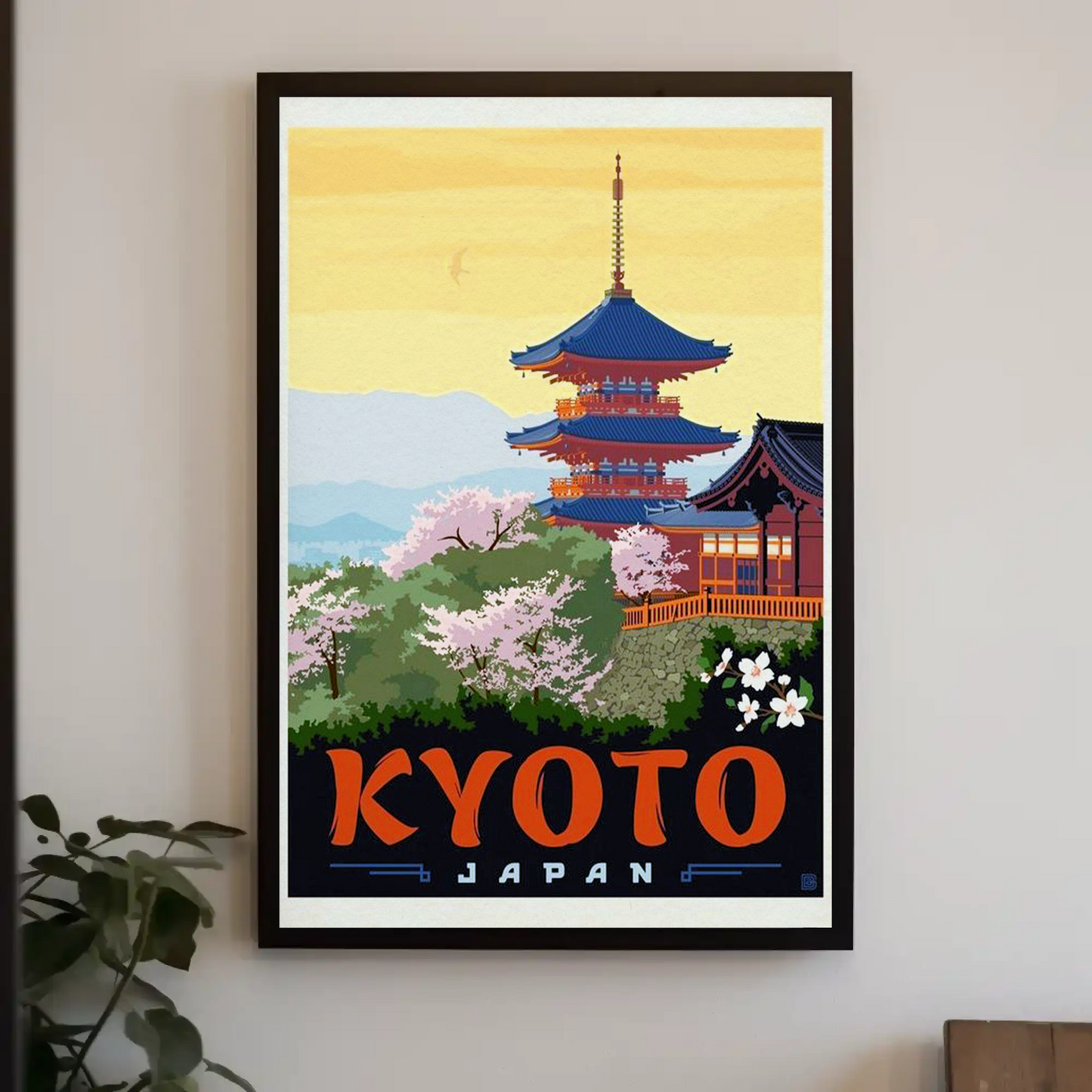 Kyoto Japan Pagoda Cherry Blossoms Temple Scene Vintage Travel Poster