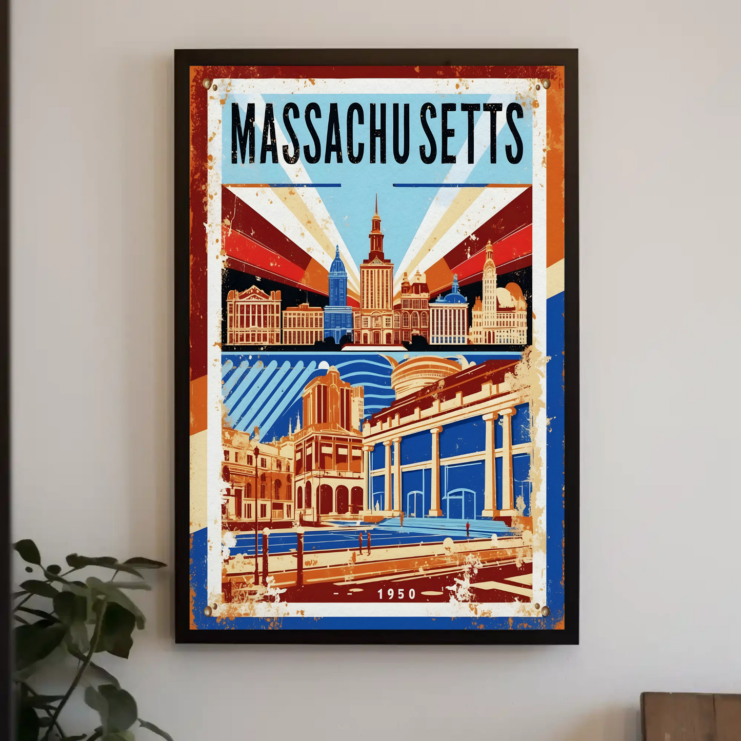 Massachusetts USA 1950 Capitol Skyline Vintage Travel Poster
