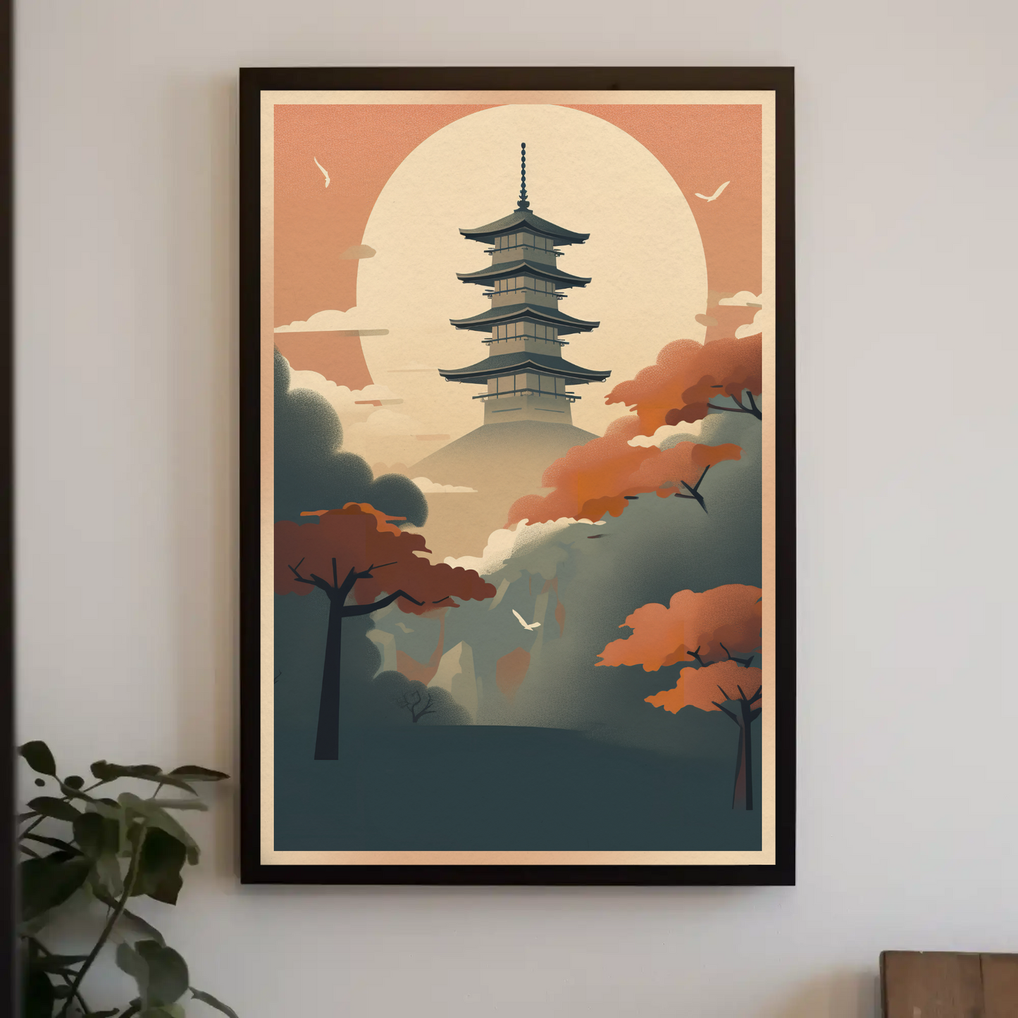 Sunset Pagoda Japan Mountain Haze Vintage Travel Poster