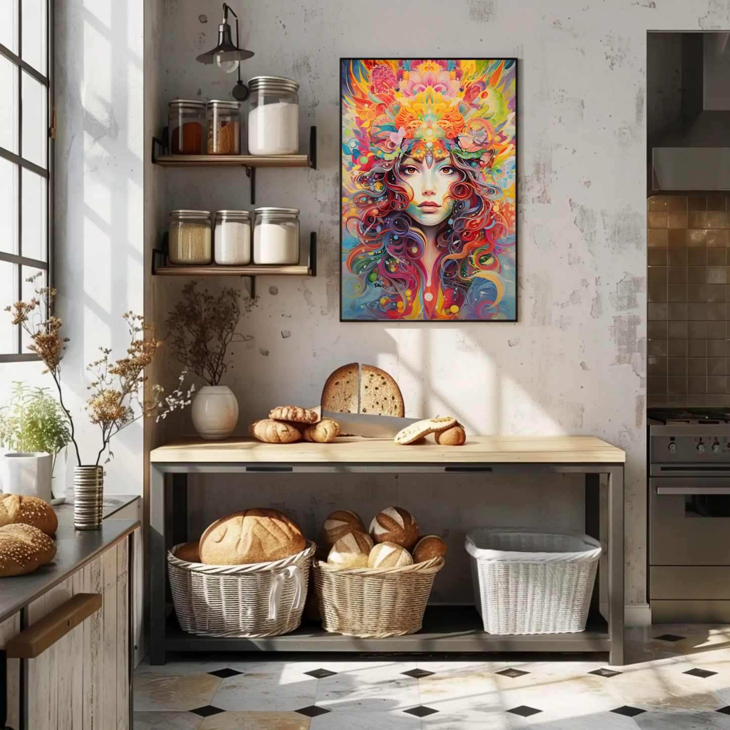 Psychedelic Woman Portrait Color Explosion Floral Surreal Travel Poster