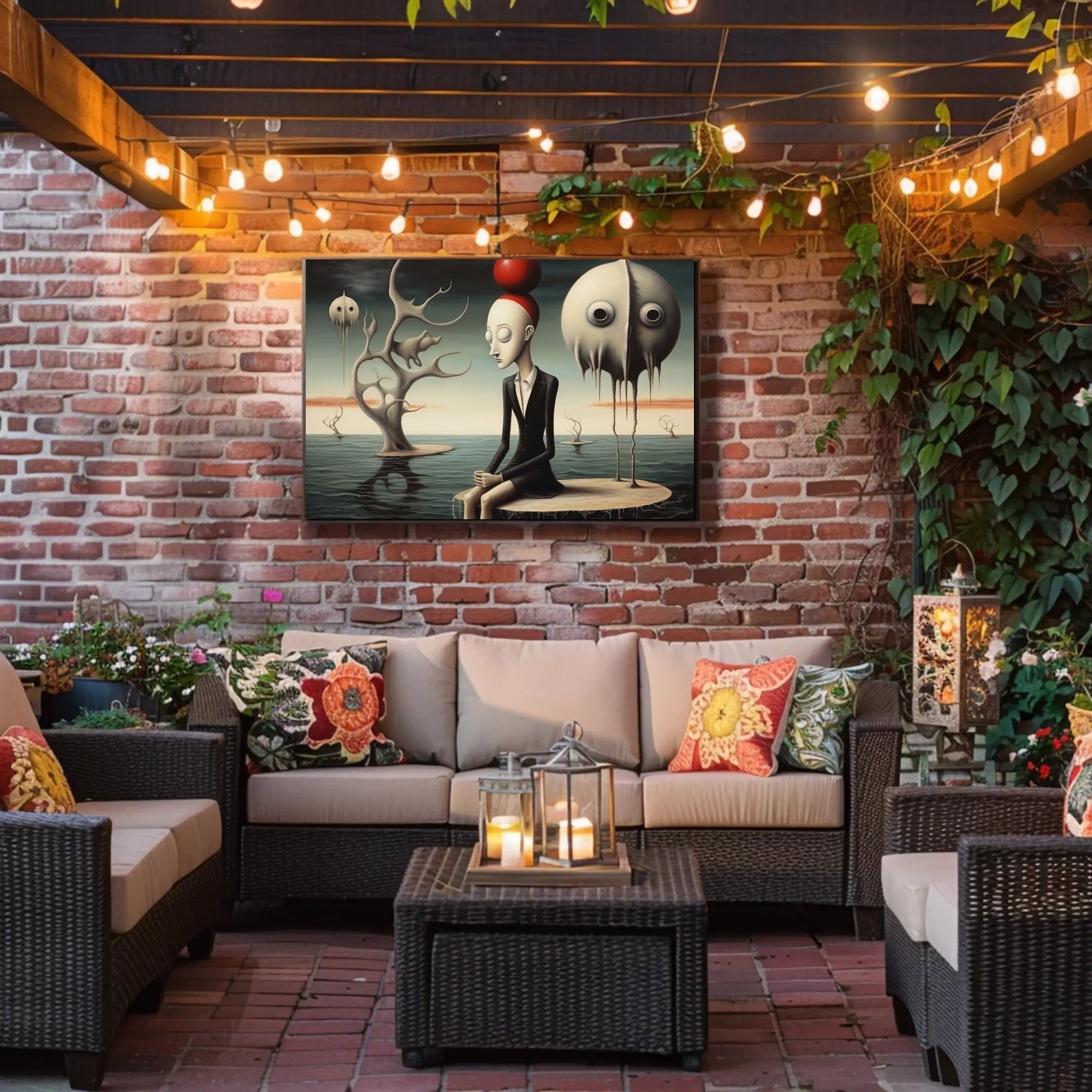 Surreal Humanoid with Red Sphere Hat Artistic Poster