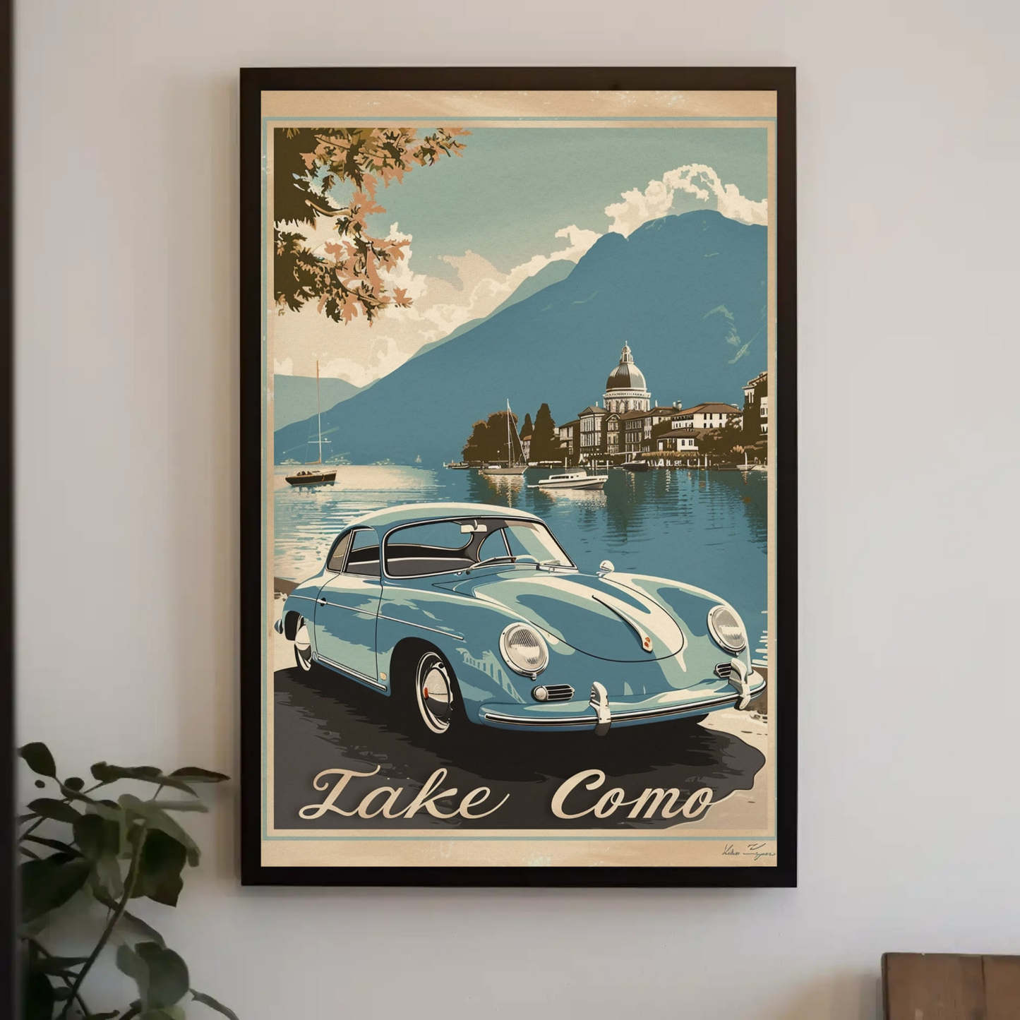 Lake Como Italy Classic Car Vintage Travel Poster