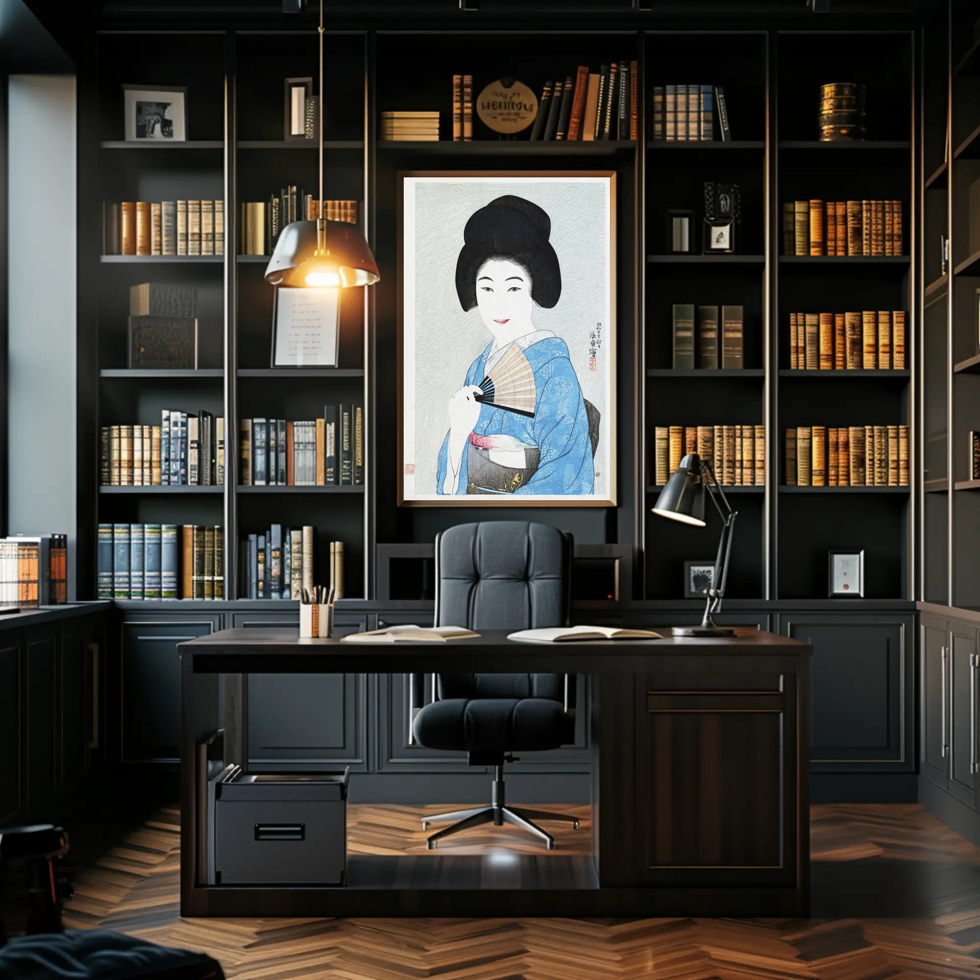 Portrait of Elegance: Traditional Japanese Woman in Blue Kimono Poster