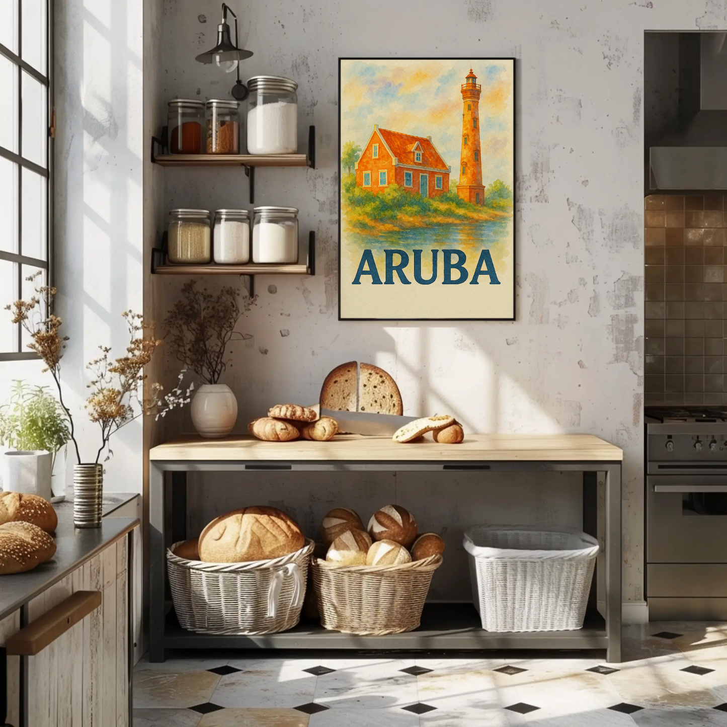 Aruba Lighthouse Ocean Hut Sunset Travel Poster