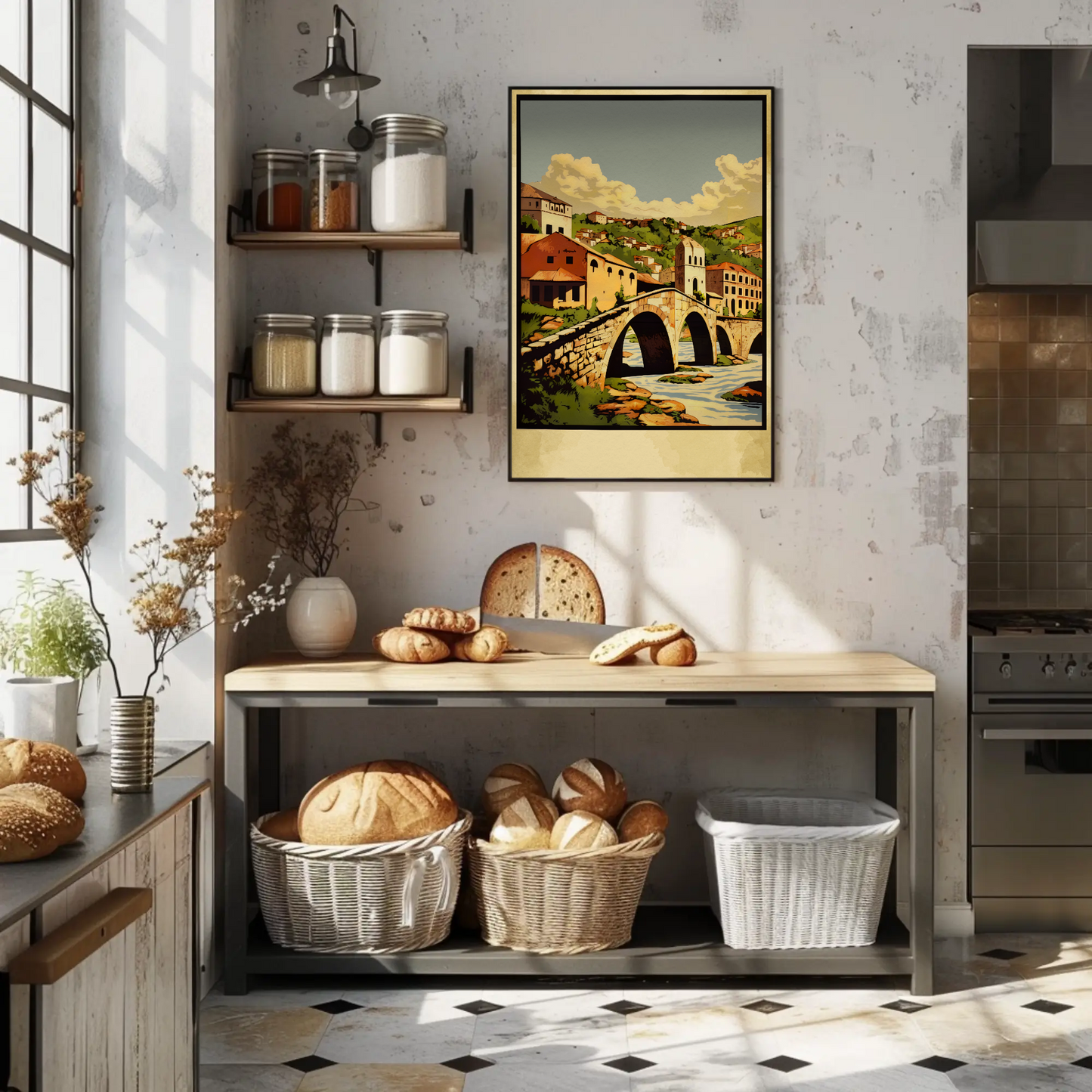 Stone Arch Bridge European Village Landscape Travel Poster