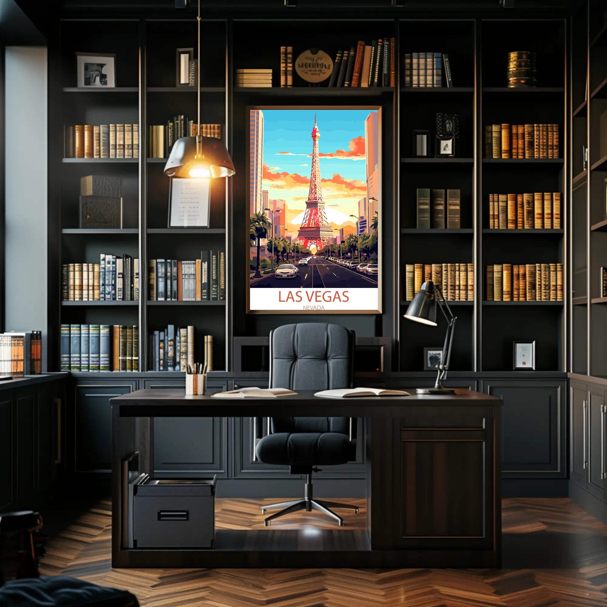 Las Vegas Cityscape with Eiffel Tower Travel Poster