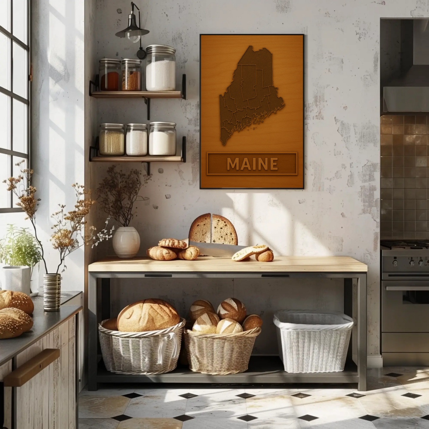 Maine Wooden Engraved State Outline Vintage Travel Poster