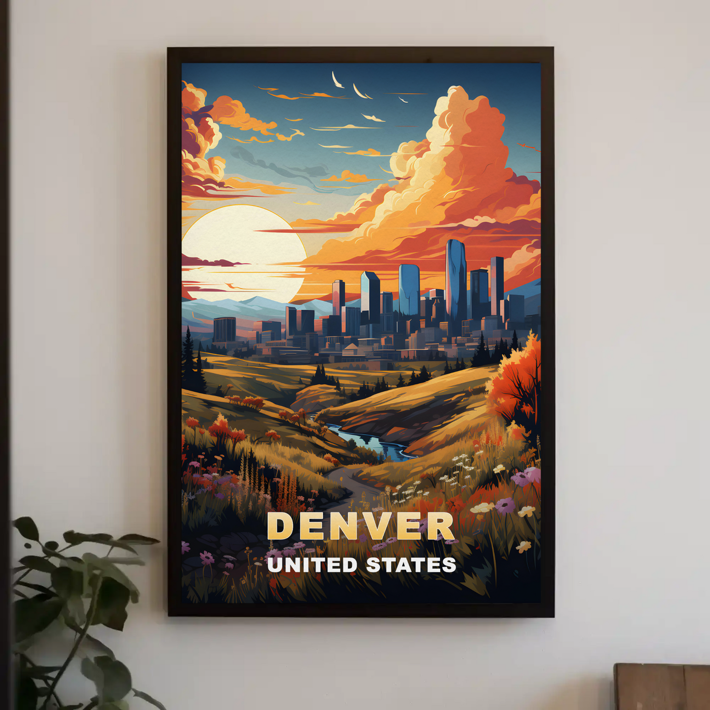 Denver Autumn Meadow Skyline Vintage Travel Poster
