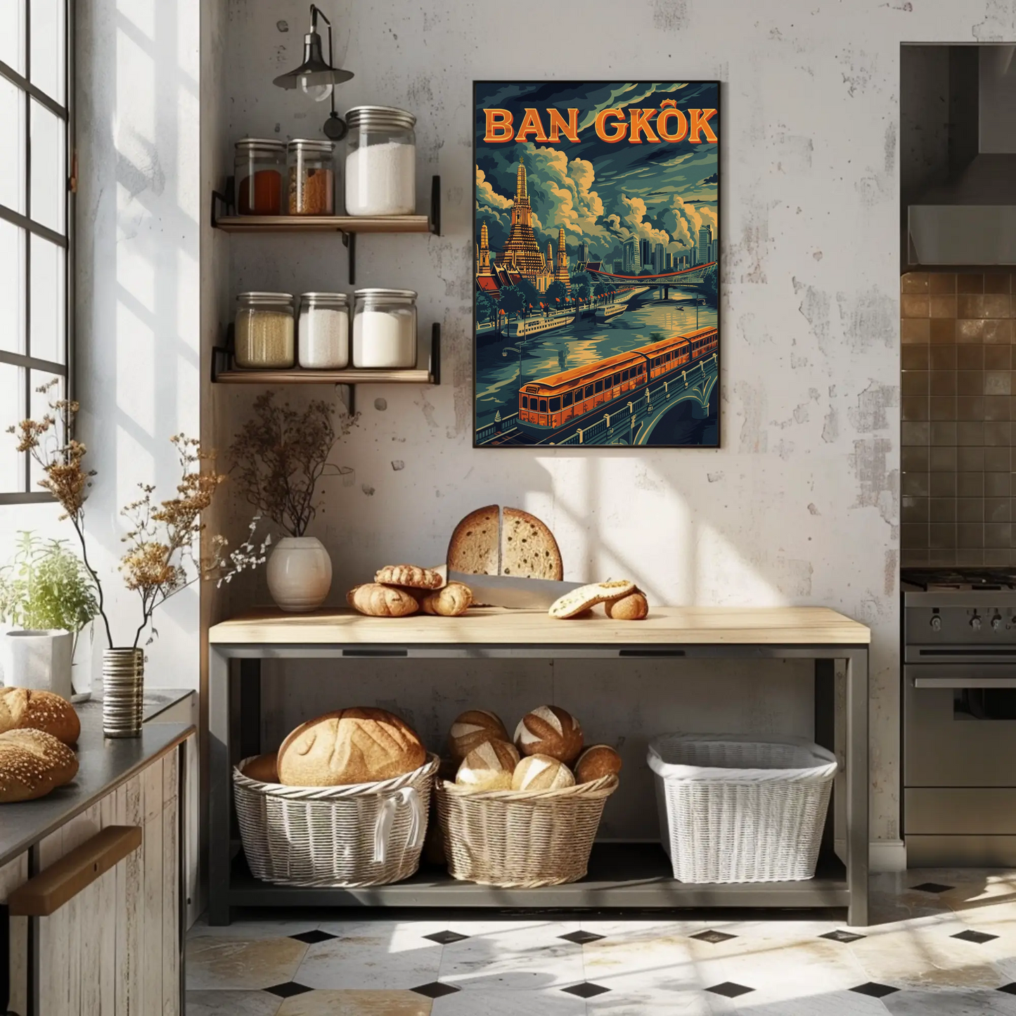 Bangkok Golden Temple River Train Skyline Scene Travel Poster
